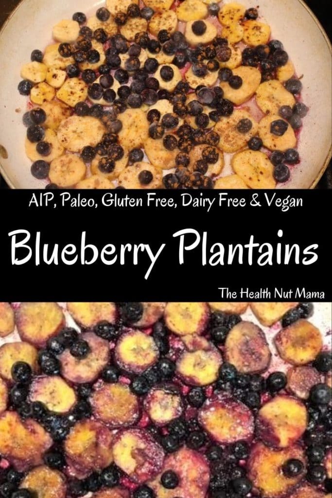 AIP Paleo Blueberry Plantains are a delicious quick & easy side for breakfast! You won't even miss blueberry pancakes! A cross between blueberry pancakes & blueberry cobbler! AIP, Paleo, Gluten Free, & Vegan #aip #paleo #glutenfree #dairyfree #breakfast #side #recipe #vegan #thehealthnutmama.com