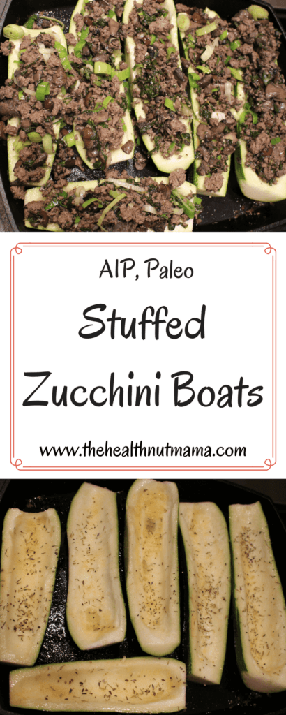 Paleo AIP Stuffed Zucchini Boats -Perfect way to use up all that summer squash & zucchini, not only delicious but pretty too! -www.thehealthnutmama.com
