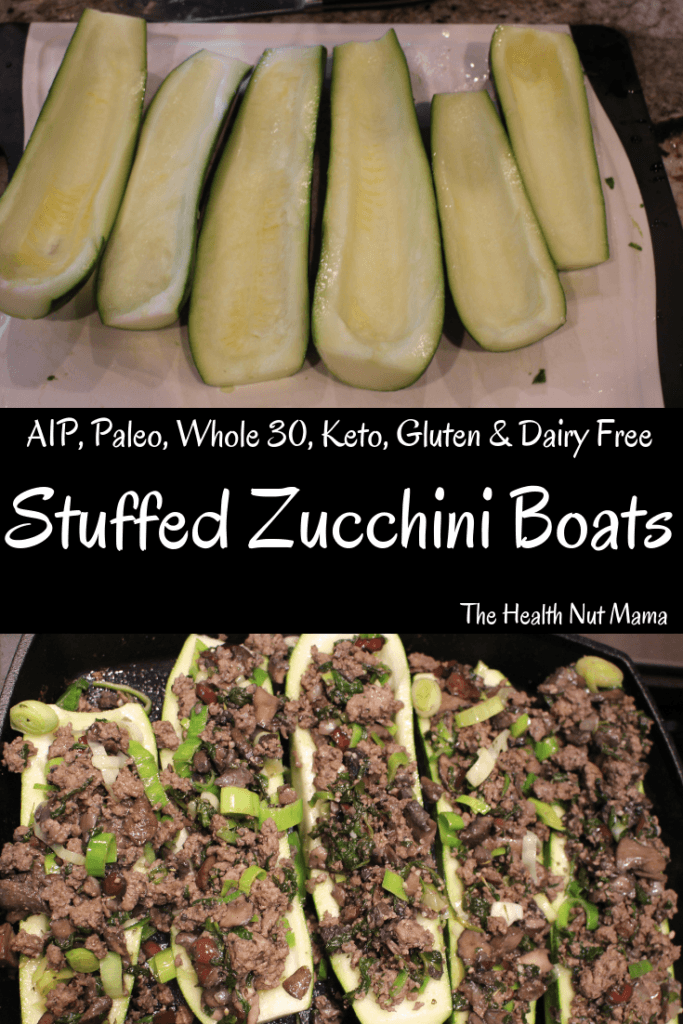 Paleo AIP Stuffed Zucchini Boats that are Whole 30. Gluten Free & keto too-Perfect way to use up all that summer squash & zucchini, not only delicious but pretty too! #aip #paleo #whole30 #lowcarb #glutenfree #dairyfree #keto #grill #zucchini #squash #summergrillin #thehealthnutmama www.thehealthnutmama.com