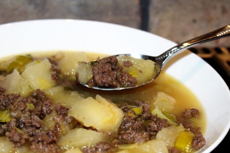 AIP Paleo Hamburger "Fauxtato" Leek Soup. Quick & Delicious! Perfect for those cold winter nights! www.thehealthnutmama.com