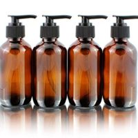 Cornucopia Brands 4oz Amber Glass Boston Round Pump Bottles (4 Pack); Great for Lotions, Liquid Soap, Aromatherapy and More