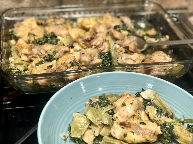 AIP Paleo Spinach Artichoke Chicken Bake is so easy to cook on a weeknight or fancy enough for guests! A one Pan dish that is sure to please. #aip #paleo #chicken #recipe #onepandish #onepan #glutenfree #whole30 #lowcarb #keto #thehealthnutmama