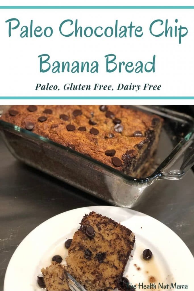 This Paleo Chocolate Chip Banana Bread is so easy & delicious to make. A great way to use up over ripe bananas & satisfy those chocolate cravings at the same time. Gluten Free, Grain Free & Dairy Free. A healthy alternative to the traditional Banana Bread. #paleo #glutenfree #dairyfree #bananabread #chocolatechip #chocolate #healthy #thehealthnutmama
